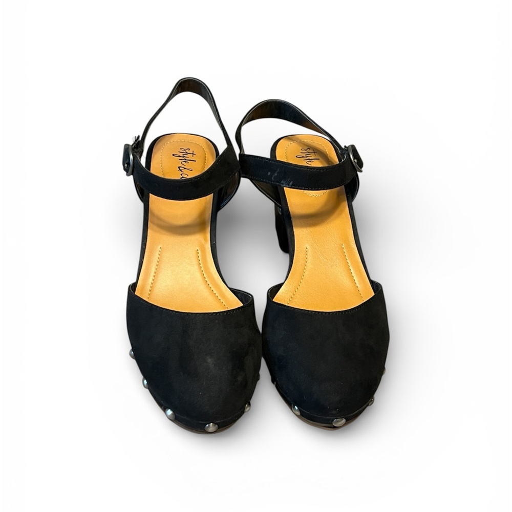 Style & Co. Black Suede Heels with Ankle Strap and Studded Details size 7.5